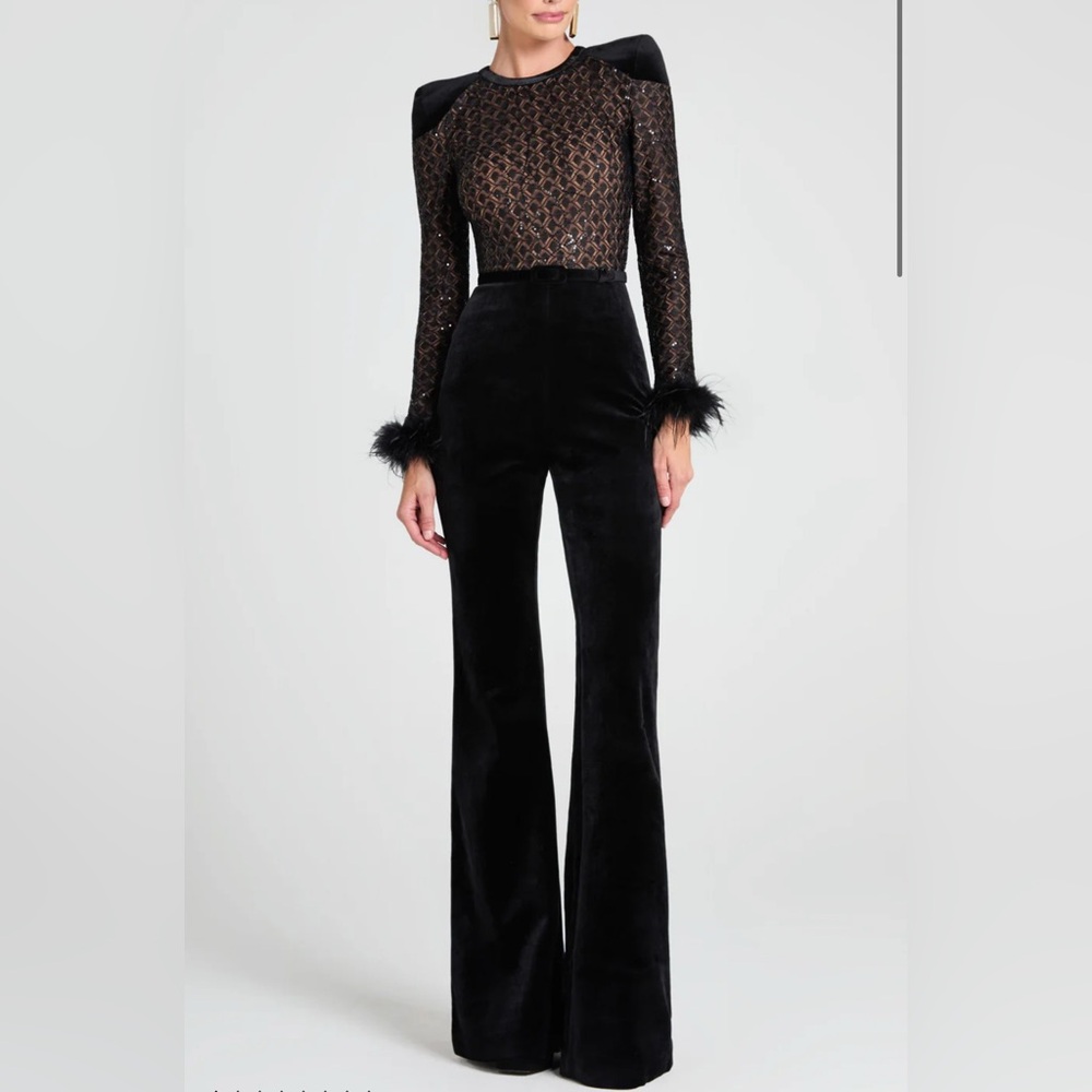 NADINE MERABI Black Velvet Jumpsuit with Flared Legs